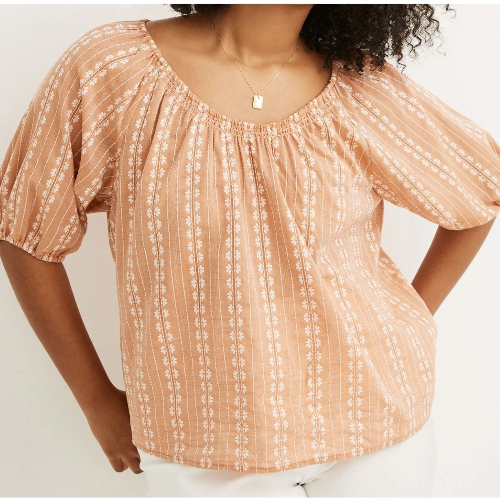 Madewell Blouse Women XS Orange Floral Off-The-Shoulder Puff Sleeve Cottagecore